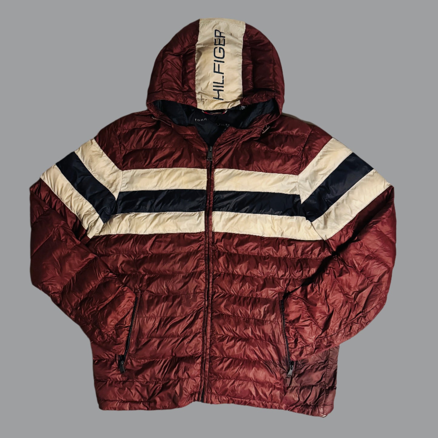 Tommy Hilfiger Burgundy Striped Puffer Jacket